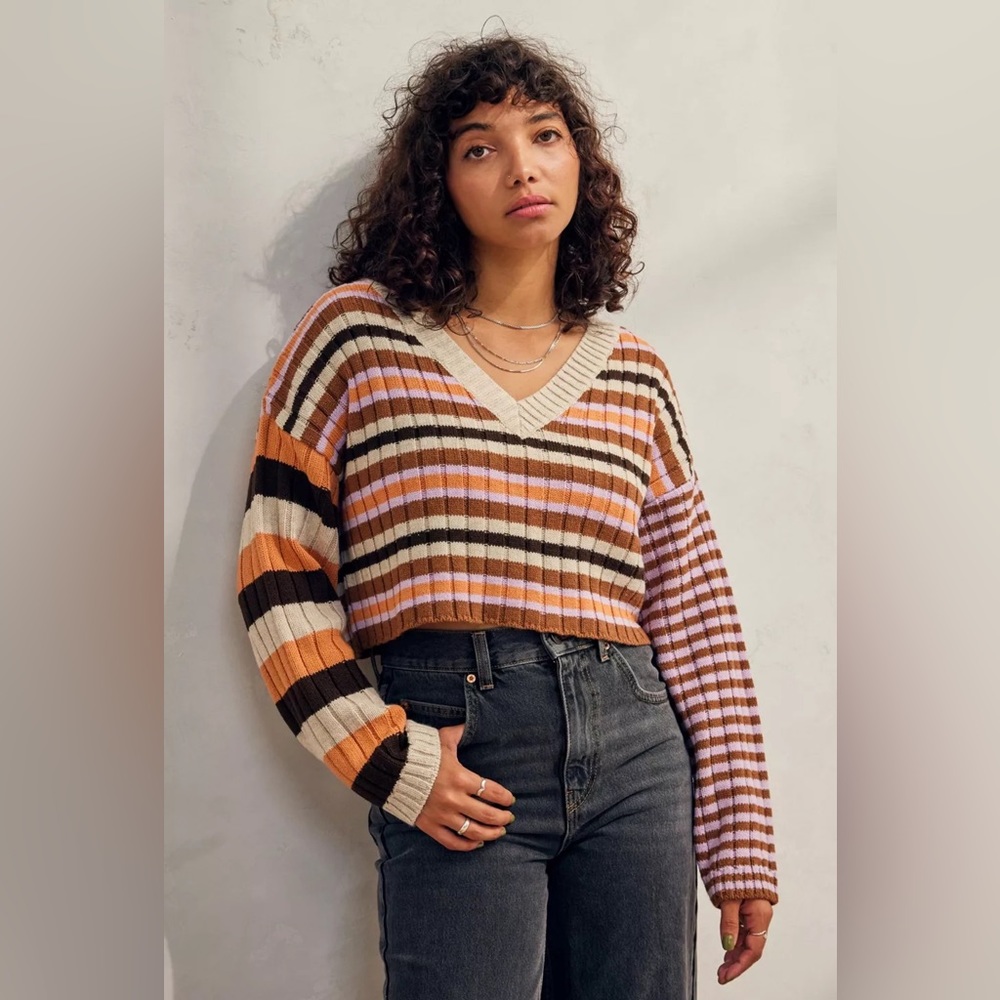Urban Outfitters Y2K Mixed Stripe V-Neck Cropped Knit Sweater, Size Medium